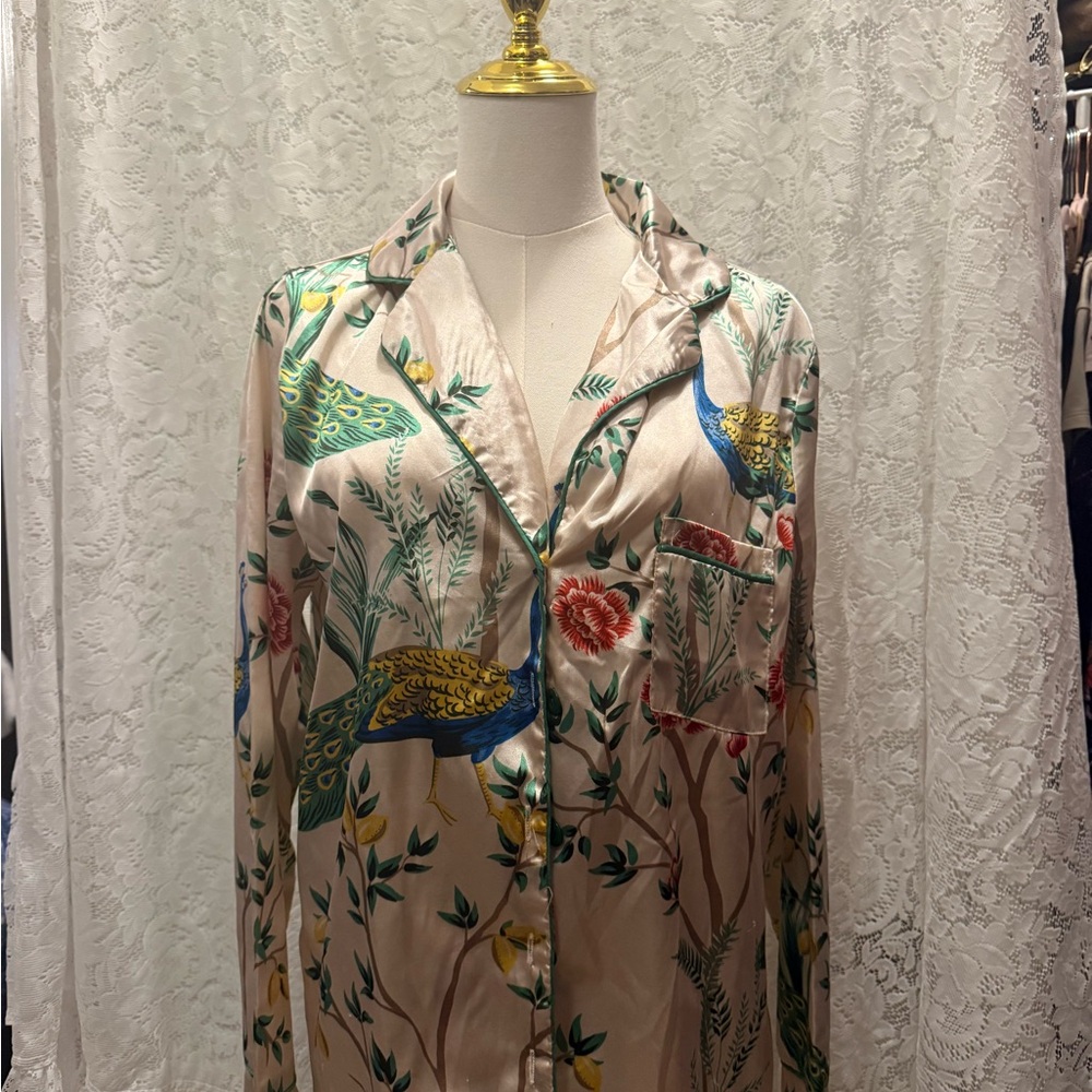 Maximalist Floral Peacock Print Satin Shirt